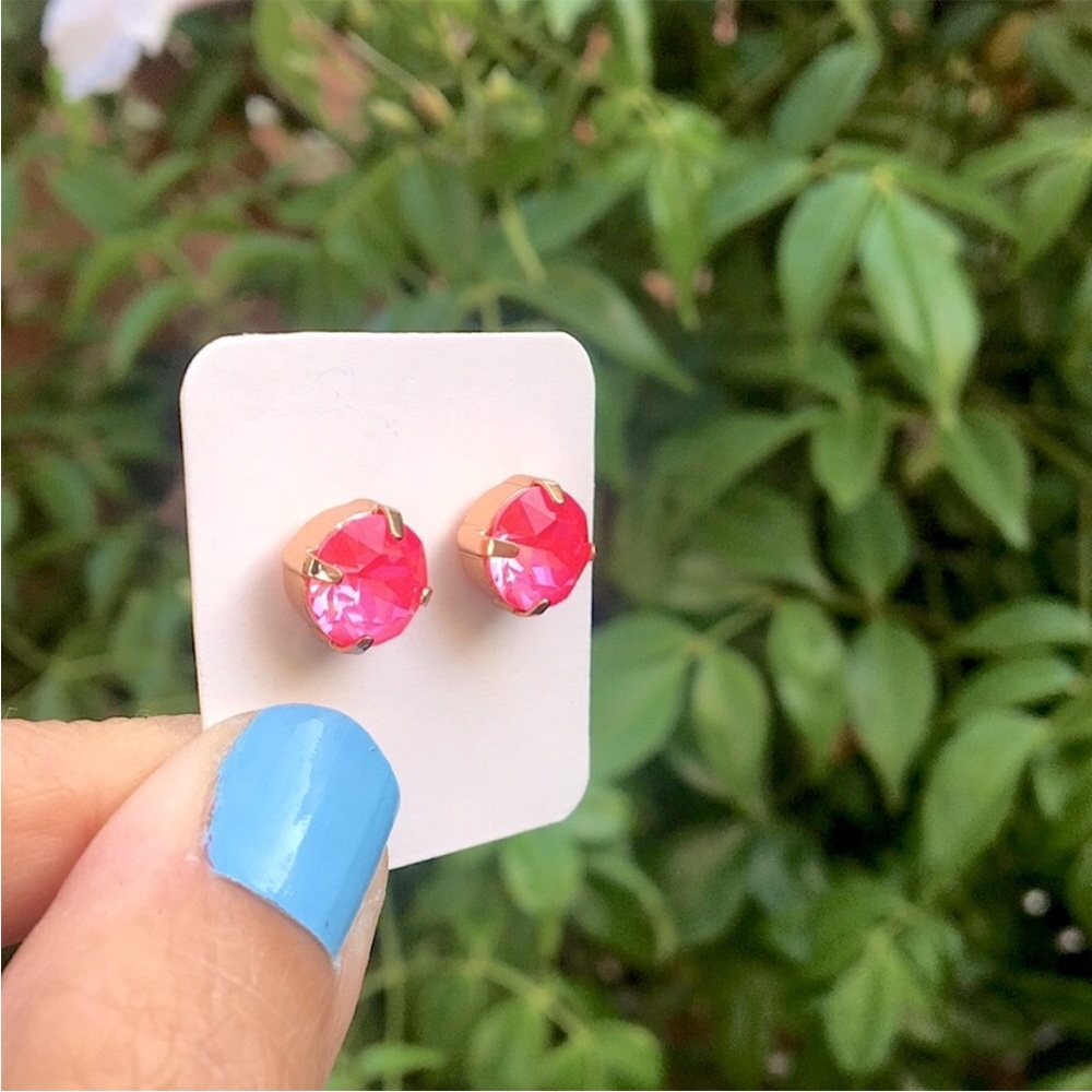 Hot Pink + Rose Gold Crystal Stud Earrings - Picture 3 of 4